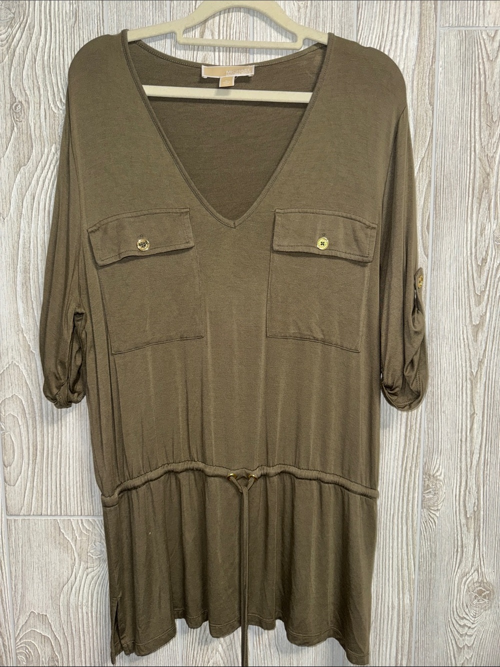 Michael Kors Olive V-Neck Drawstring Tunic with Flap Pockets